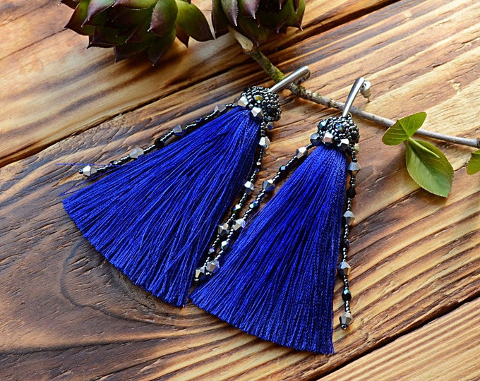 Long navy tassel earrings