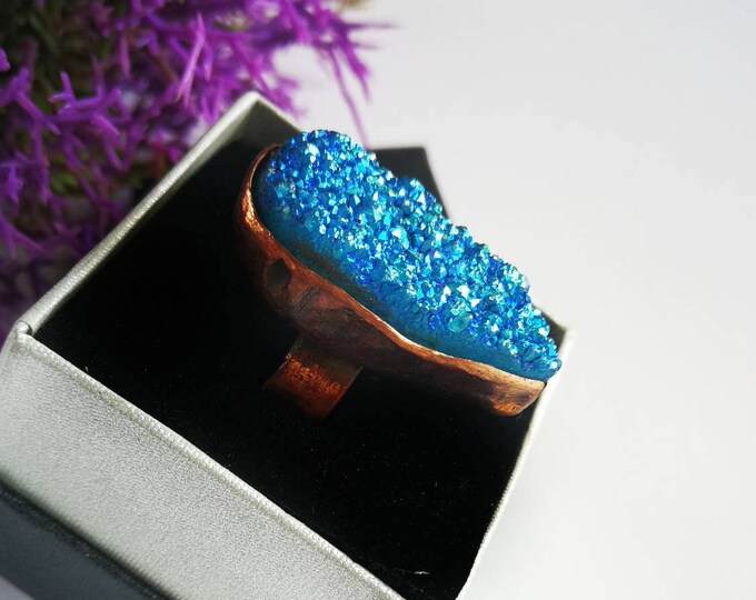 Ring Agate Titanium Coating Stone Boho Copper Ring Unique Ring Statement Ring Copper Sheet Embossed Not Heavy Blue Universal Ring Gift Her