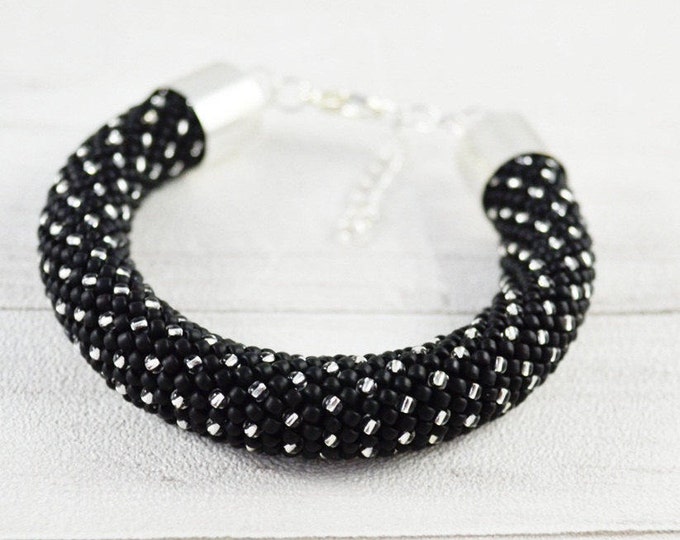 Black silver Dots bracelet Nail bangle black silver beaded bracelets birthstone bracelet mom gift wife net bracelet seed beads cuff crochet