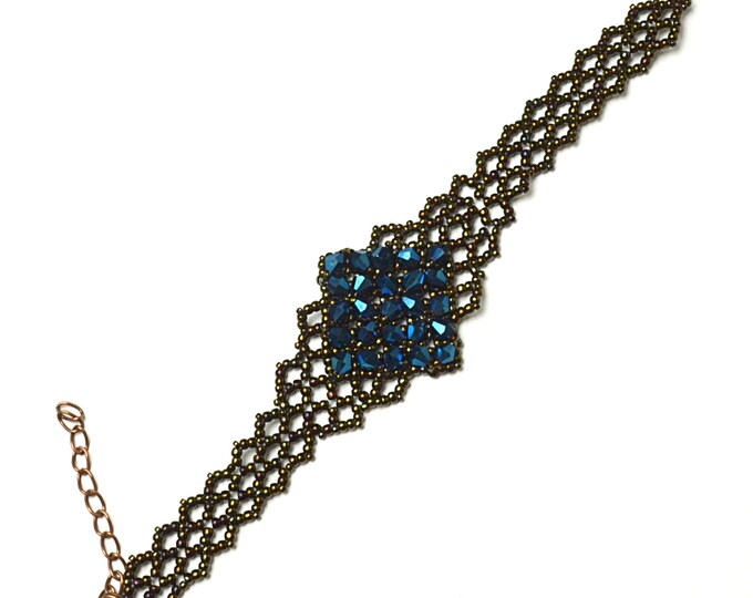 delicate bracelet with navy blue crystals, gemstone crystal jewelry, woven bracelet, seed bead bracelet, handmade jewelry, women gift