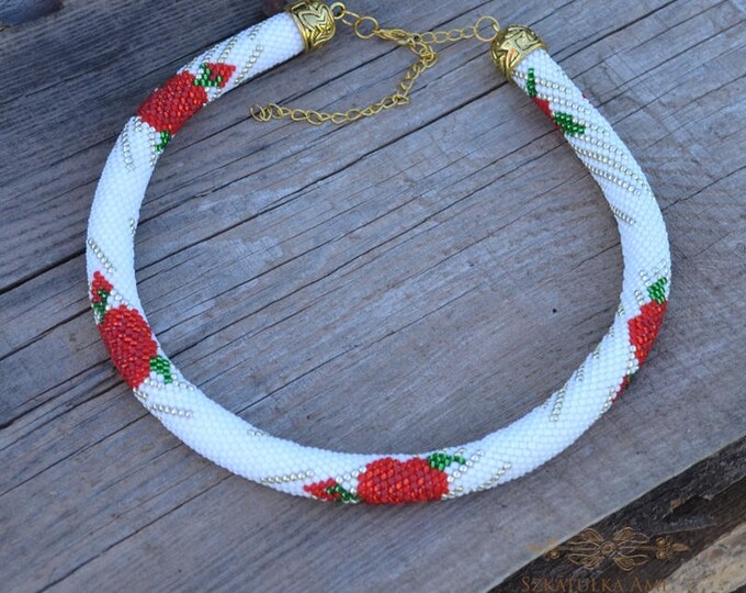 Red roses necklace Seed beads necklace Silver gold white Tube necklace Crochet necklace Flowers necklace Wedding necklace Gift for her Women