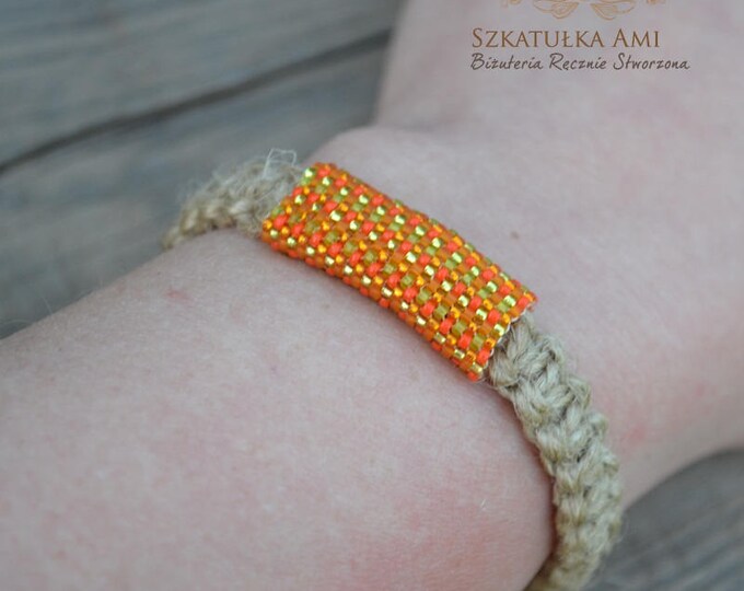 Orange hemp bracelet, guys bracelet, men bracelet, natural bracelet, hippie bracelet, men jewelry, macrame bracelet, bead bracelet, beaded