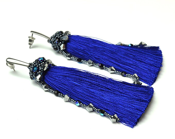 Long navy tassel earrings