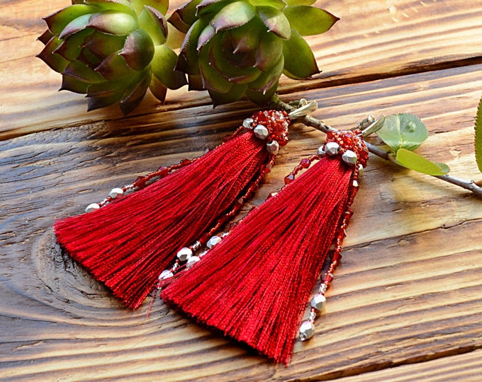 red fringe earrings, tassel earrings, tassel jewelry, elegant long tassels, boho chic earrings, beaded earrings, seed bead earrings, women