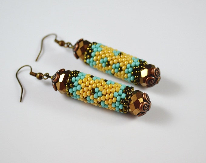 Turquoise sticks Bronze small earrings Seed beaded earrings Colorful earrings birthday gift friend Wicker hanging earrings Womens girls gift