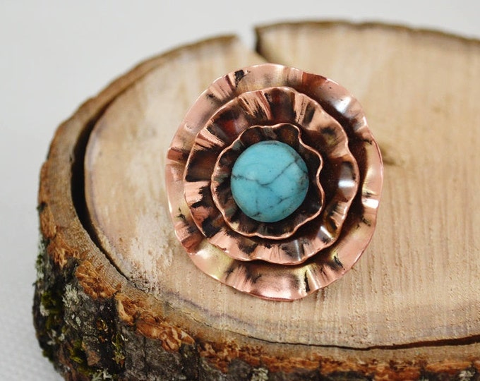 gypsy ring, turquoise ring, copper ring, flower big ring, statement ring, engagement ring, handcrafted ring, present for lady, women gift