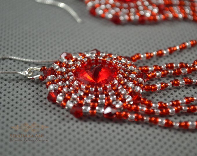 Red Crystal earrings, swarovski earrings, boho earrings, Small glass beads, hand woven, fringe earrings, medium earrings, silver hooks