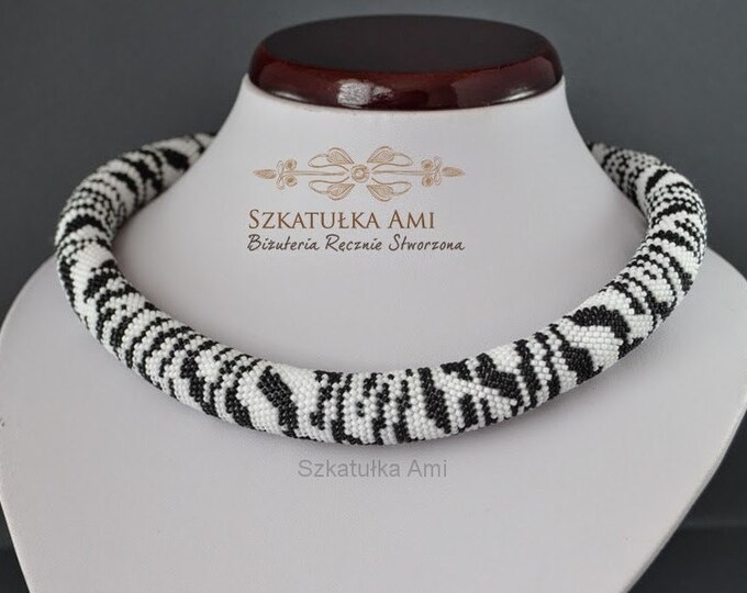 Zebra crochet bead necklace, black and white jewelry, animal print skin necklaces