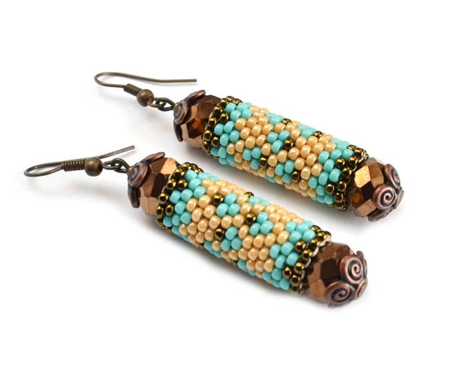 Turquoise sticks Bronze small earrings Seed beaded earrings Colorful earrings birthday gift friend Wicker hanging earrings Womens girls gift