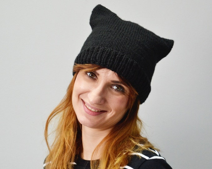 Black Cat Hat Pussyhat Black cat Unisex cat hat Cat hat Black messy bun hat Custom pussyhat Trump pussyhat Mens cat hatines hat winter hat