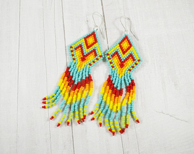 Seed Bead earrings, rainbow earrings, native style, long fringe earrings, tiny bead earrings, small bead earrings, tiny dangle earrings