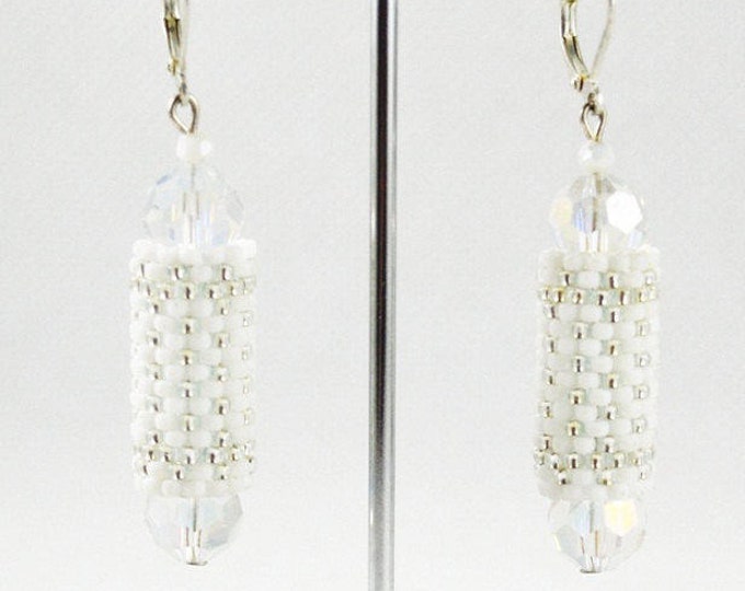 White sticks earrings Crystal earrings Wedding earrings Anniversary gift for wife Women earrings Daughter Wedding day Seed beads earrings