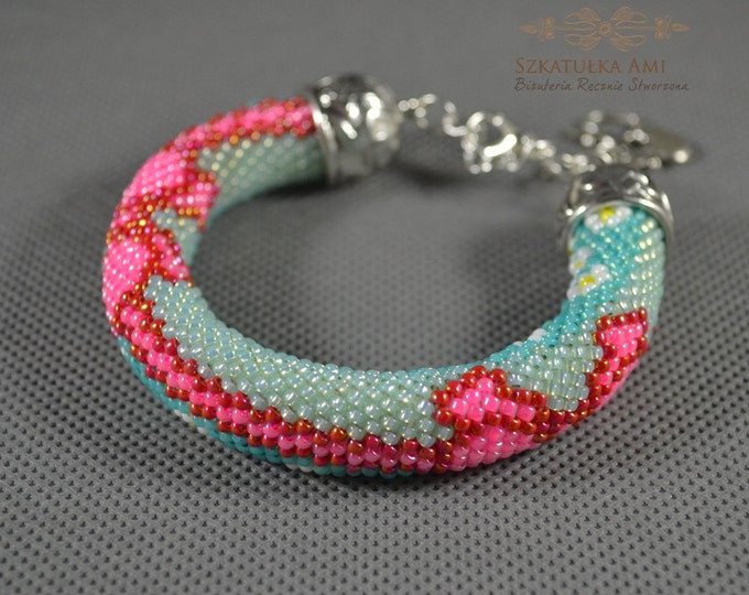 Bead crochet rope Bracelet Beaded Bracelet gift for her Beadwork Beaded jewelry With colored section pattern mint pink bow cute sweet flower