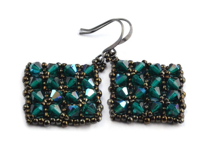 emerald earrings, crystal earrings, retro earrings, bicone earrings, square earrings, geometric earrings, glowing earrings, maroon earrings