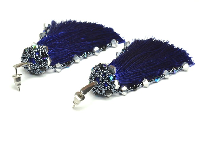 Long navy tassel earrings