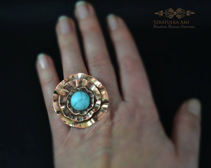 gypsy ring, turquoise ring, copper ring, flower big ring, statement ring, engagement ring, handcrafted ring, present for lady, women gift