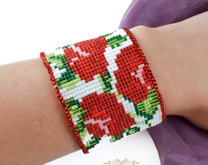 Roses Woven bracelet Loom seed beads Girls Womens gift Red white colored Cuff bracelets Flower pattern Width bracelet Beaded bracelets