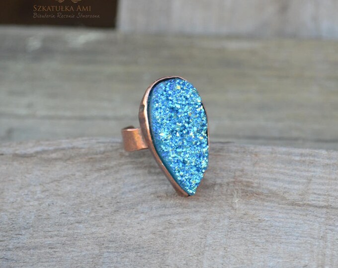 Ring Agate Titanium Coating Stone Boho Copper Ring Unique Ring Statement Ring Copper Sheet Embossed Not Heavy Blue Universal Ring Gift Her