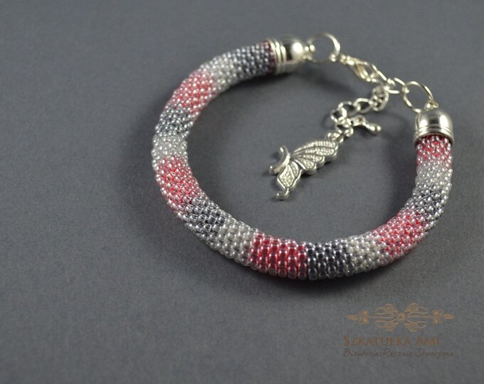 Pink gray white Bracelet Seed beads bracelet Shadow gray Friendship gift Springs ideas Crochet bracelets Handmade bracelets Gift for her