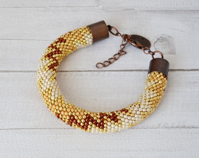 Gold brown beige Crochet bracelet Bead bracelet February birthstone brown spring valentine gift thanksgiving February birthday women girls