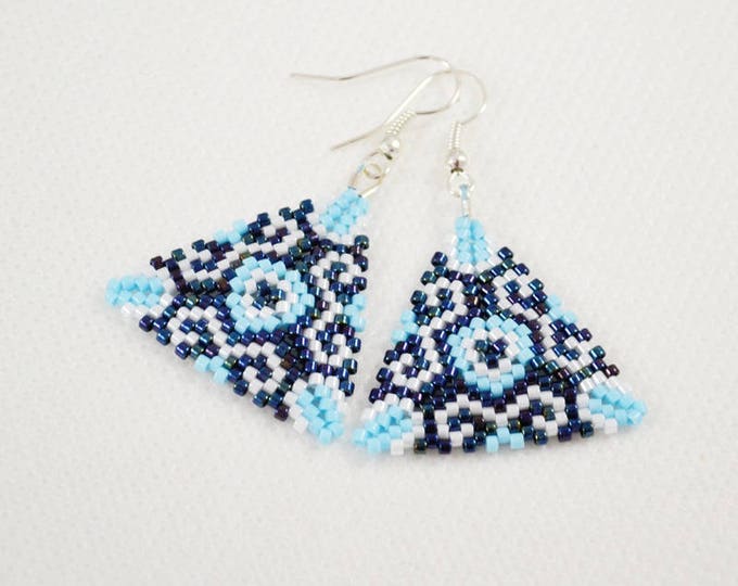 Blue triangles earrings Woven earrings Sedd beads earrings Shadow blue Beads earrings Gift for her Elegant earrings Drop earrings Dangle