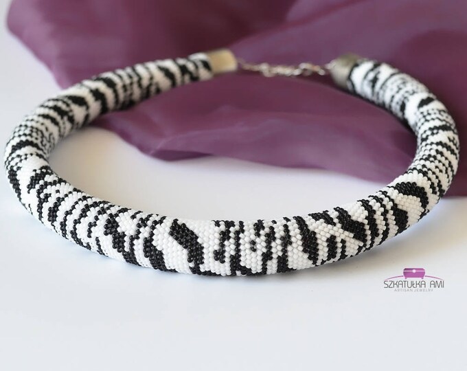 Zebra crochet bead necklace, black and white jewelry, animal print skin necklaces