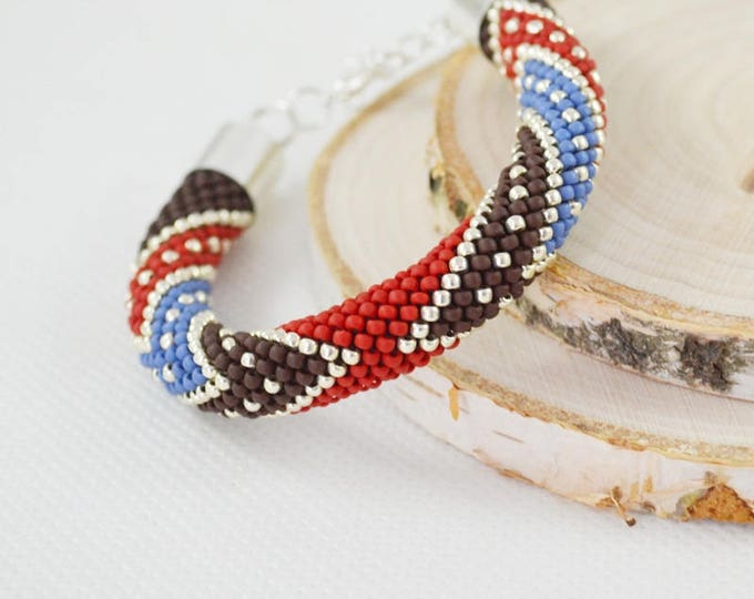 Red blue brown bracelet crochet colorful bracelet beaded bracelet handmade bangle braclets womens girls gift glass beads effect shading her