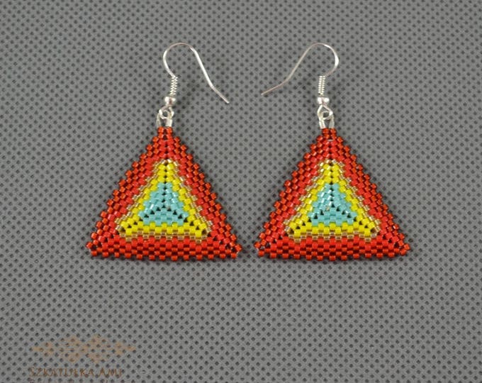 Colourful triangles earrings Woven earrings Sedd beads earrings Shadow Beads earrings Gift for her Elegant earrings Drop earrings Dangle