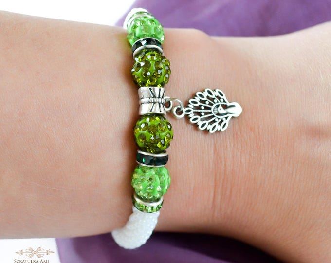 Green peacock Bracelet bangle rubber beads Shamballa beads seed beads green crystal charms bracelet colour bracelet friendship womens girls