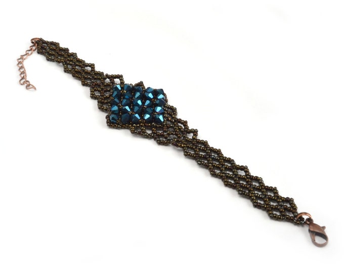 delicate bracelet with navy blue crystals, gemstone crystal jewelry, woven bracelet, seed bead bracelet, handmade jewelry, women gift