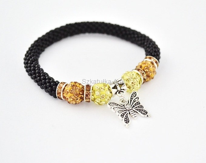 Beige Bracelet bangle rubber beads Shamballa beads seed beads orange yellow charms bracelet colour bracelet friendship butterfly