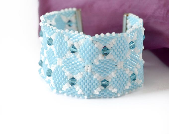 White and blue swarovski bracelets woven bracelet crystal bracelet bead bracelet womens girls gift idea thanksgiving cuff beaded crystal