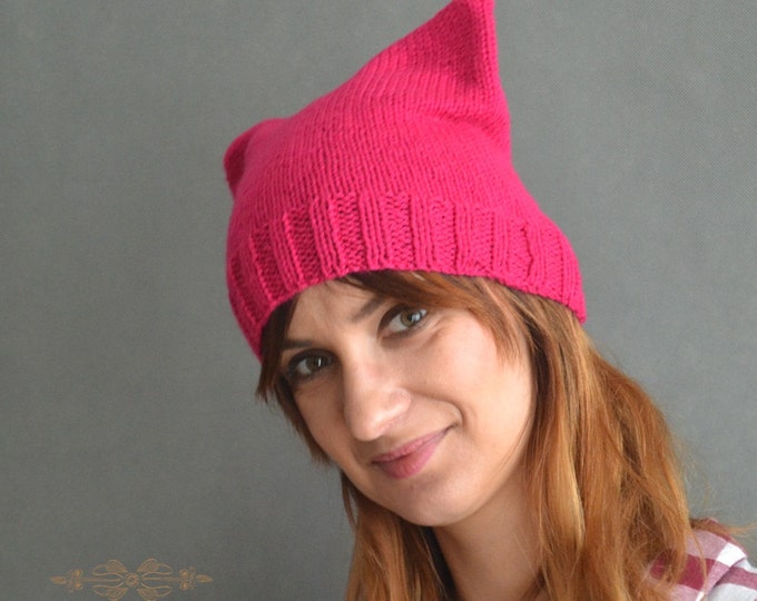 Pink Pussyhat Cap Cat Hat Acrylic intense pink Unisex Cat hat striations hat Custom pussyhat Pink pussyhat Mens cat hatines