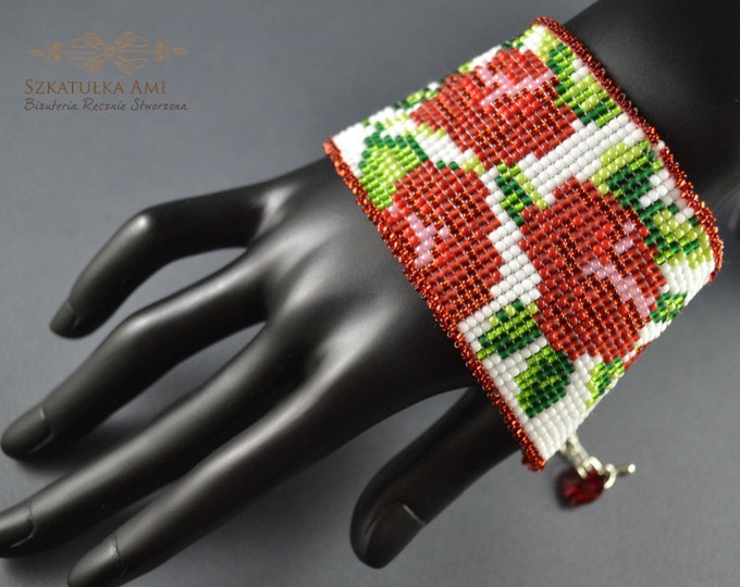 Roses Woven bracelet Loom seed beads Girls Womens gift Red white colored Cuff bracelets Flower pattern Width bracelet Beaded bracelets