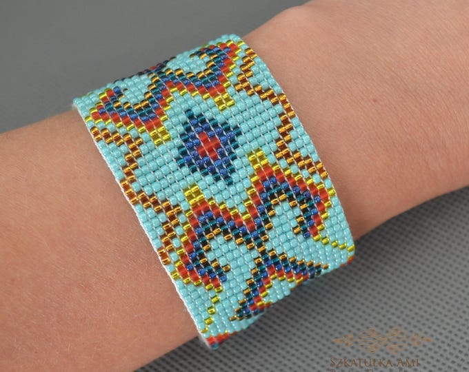 Wide bracelet, geometric bracelet, native bracelet, beaded bracelet, loom bracelet, woven bracelet, seed bead bracelet, gift for her, aztec