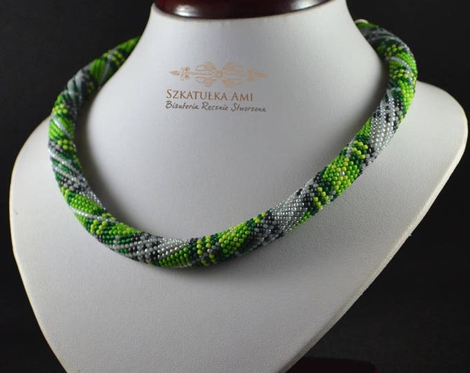 Green Scottish Tartan, beaded necklace, beaded rope necklace, crochet necklace, seed bead necklace, tartan jewelry, tartan necklace beadwork