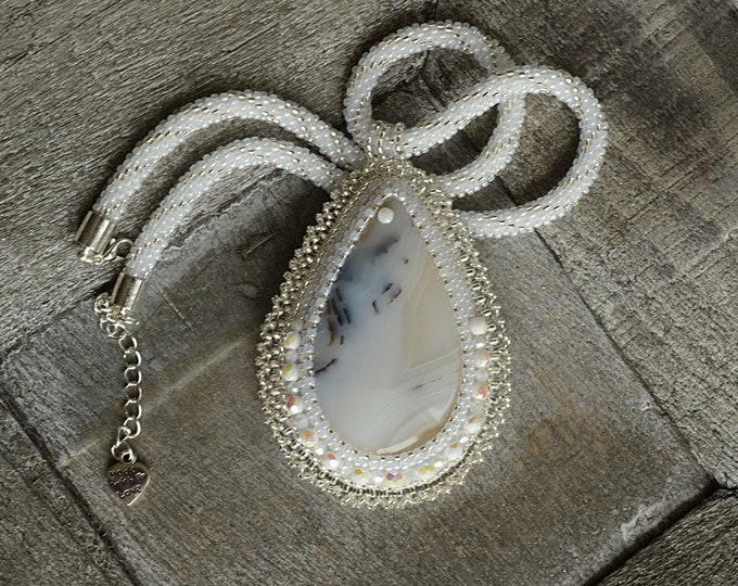 White stone necklace - Dendritic agate - a stone of abundance