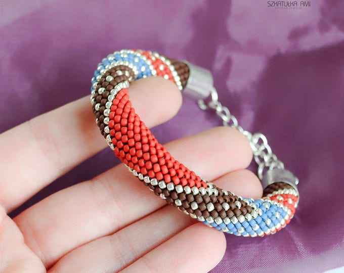 Red blue brown bracelet crochet colorful bracelet beaded bracelet handmade bangle braclets womens girls gift glass beads effect shading her