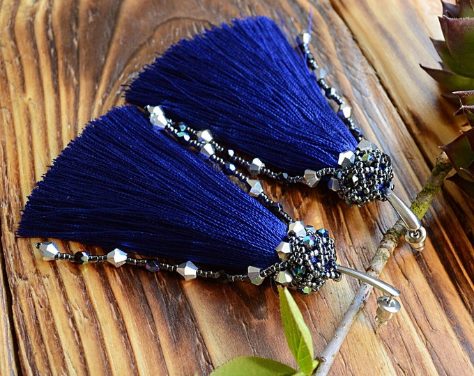 Long navy tassel earrings