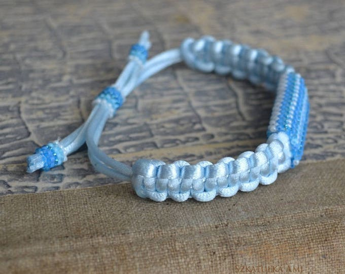 Satin string women bracelet Ethnic bracelets shadow blue Organic jewelry Beaded bracelets Tribal Men bracelet Leather natural brace