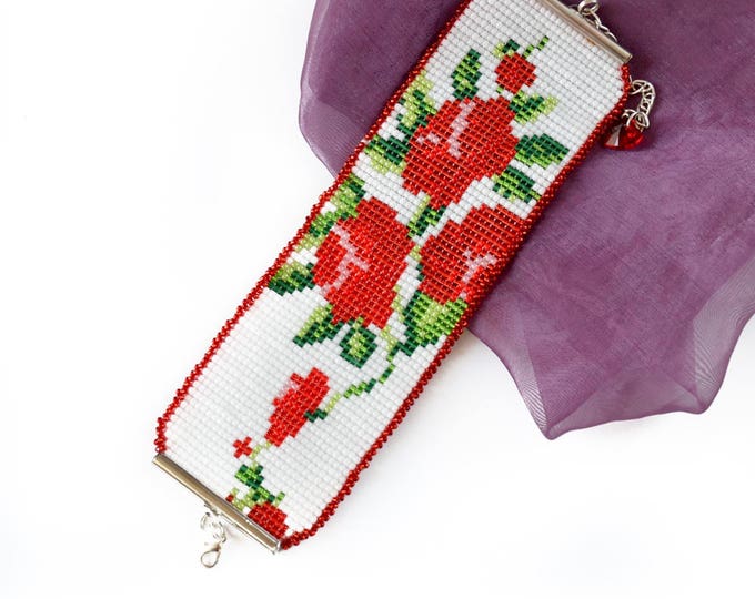 Roses Woven bracelet Loom seed beads Girls Womens gift Red white colored Cuff bracelets Flower pattern Width bracelet Beaded bracelets