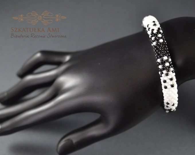 Shaded White black bracelet Crochet knitting Seed bead bracelets Cotton anniversary Cuff bracelet Bangle Net bracelet Choice of colors