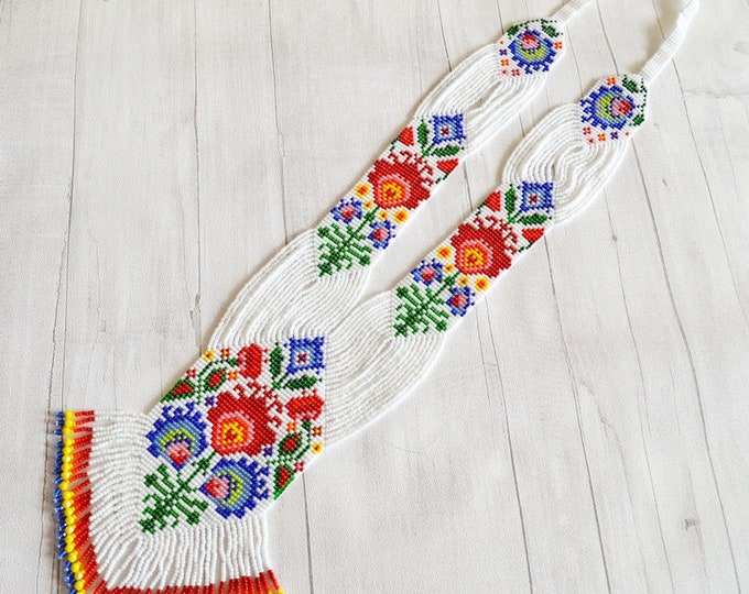 Gerdan necklace, folk necklace, long necklace, flower necklace, polish necklace, rainbow necklace, folk style, Ukrainian necklace, Seed bead