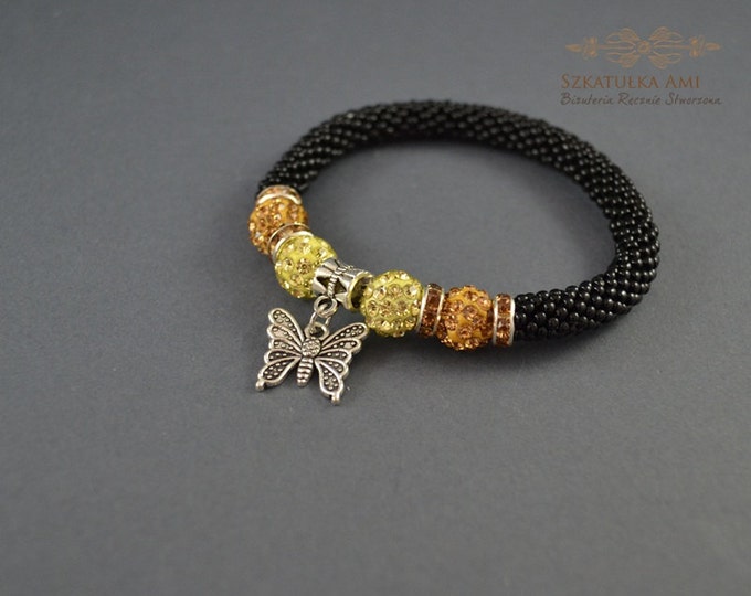 Beige Bracelet bangle rubber beads Shamballa beads seed beads orange yellow charms bracelet colour bracelet friendship butterfly