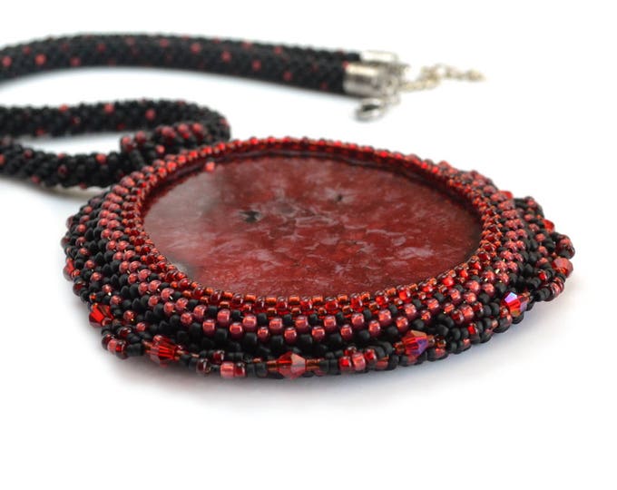 red agate necklace, beaded necklace, banded agate, statement jewelry, large necklace, druzy agate, black red, rose necklace, big stone, gift