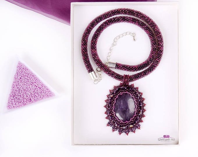 Amethyst necklace, stone necklace, purple necklace, statement necklace, gift for women, big necklace, seed bead necklace, stone amethyst