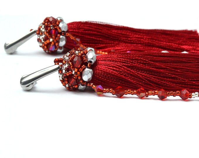 red fringe earrings, tassel earrings, tassel jewelry, elegant long tassels, boho chic earrings, beaded earrings, seed bead earrings, women