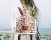 Clover Print Backpack, Canvas and Leather Backpack, Printed Fabric, green, grey and orange clovers, Women's Backpack