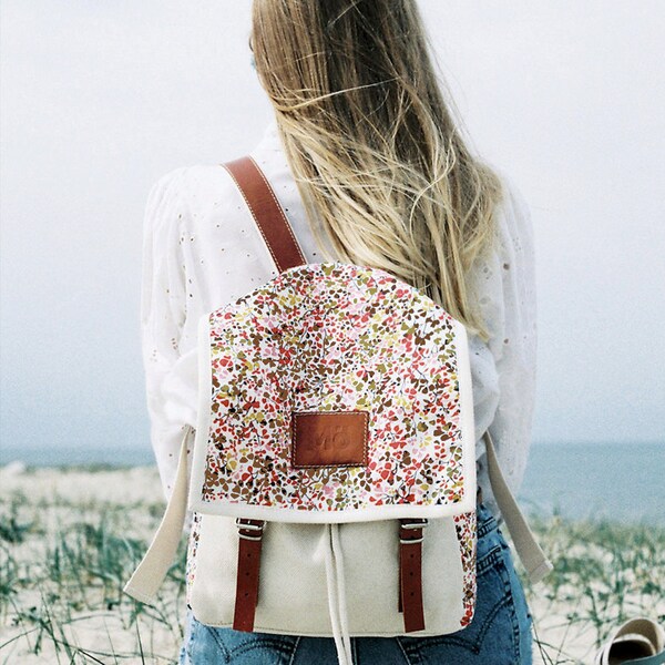 Clover Print Backpack, Canvas and Leather Backpack, Printed Fabric, green, grey and orange clovers, Women's Backpack