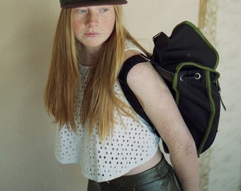 Black Moss Heap Line, Backpack, Retro, Vintage Inspired, Canvas and Leather Bag, Women's Backpack